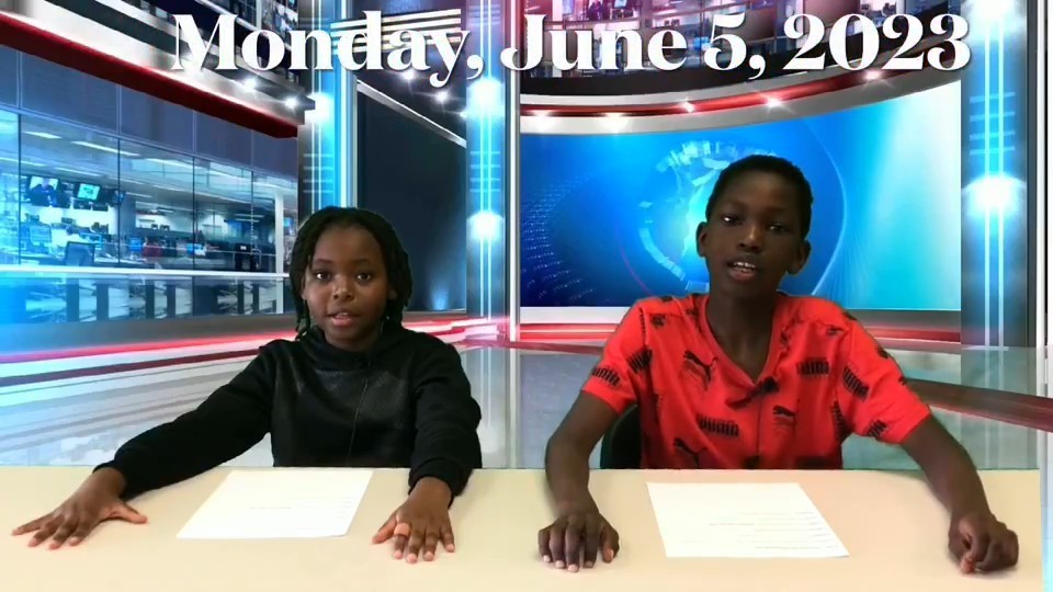 Students reading with official news room background.